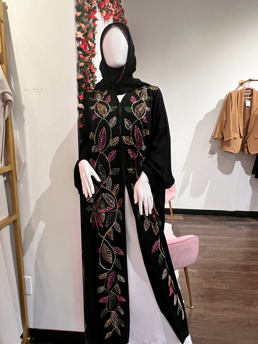 Black abaya with colorful flower leaves