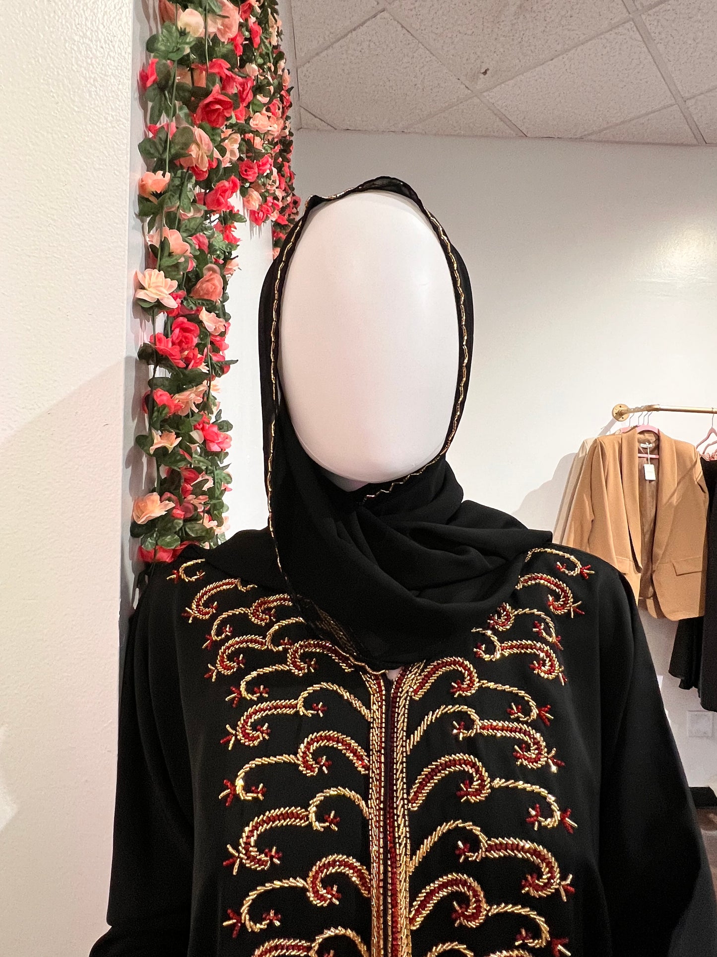 Elegant black Abaya Gold & Red Hand Embroidery