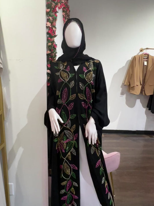 Black abaya with colorful flower leaves
