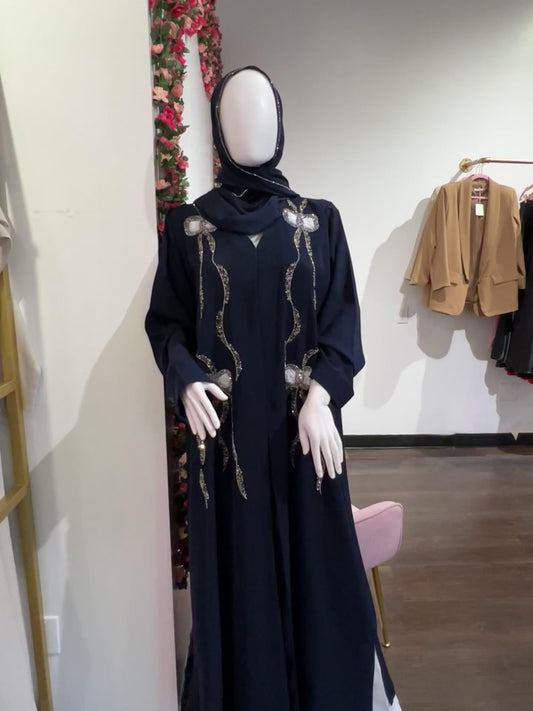 Navy elegant embroidered bow tie abaya