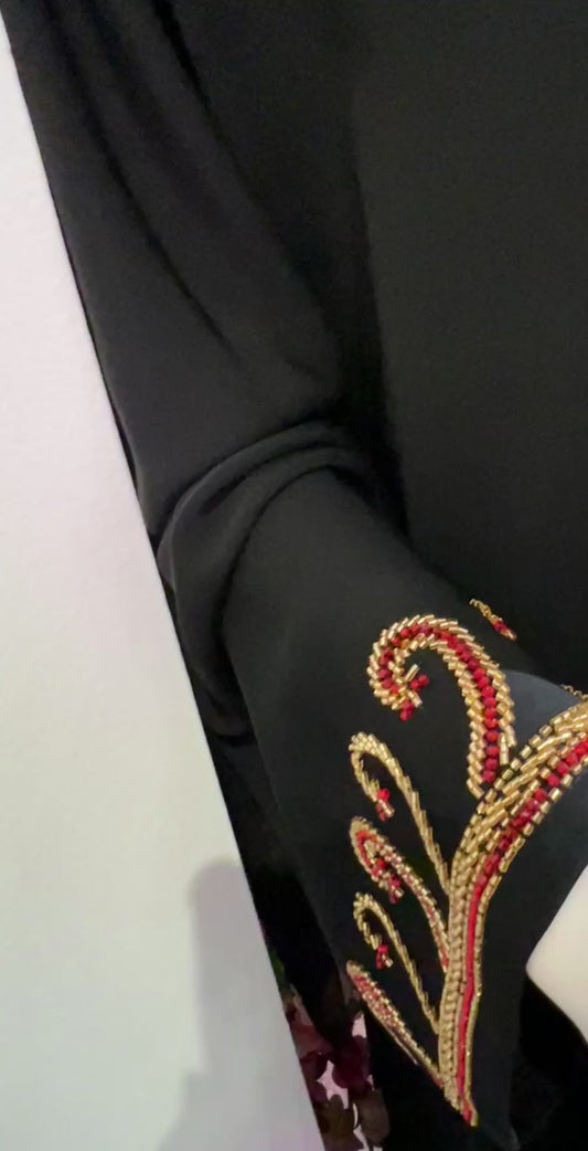 Elegant black Abaya Gold & Red Hand Embroidery