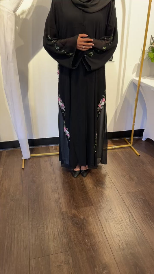 glitter abaya black with pink flowers